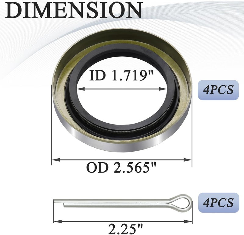 TiciKim 4Pcs Trailer Axle Hub Wheel Grease Seals with 4Pcs Cotter Pins Replace for Dexter 010-019-00 (10-19) Transcom 171255TB National 473336, ID 1.719'' x OD 2.565'' Double Lip Seals, 3500 lbs #84 Spindle - Image 2